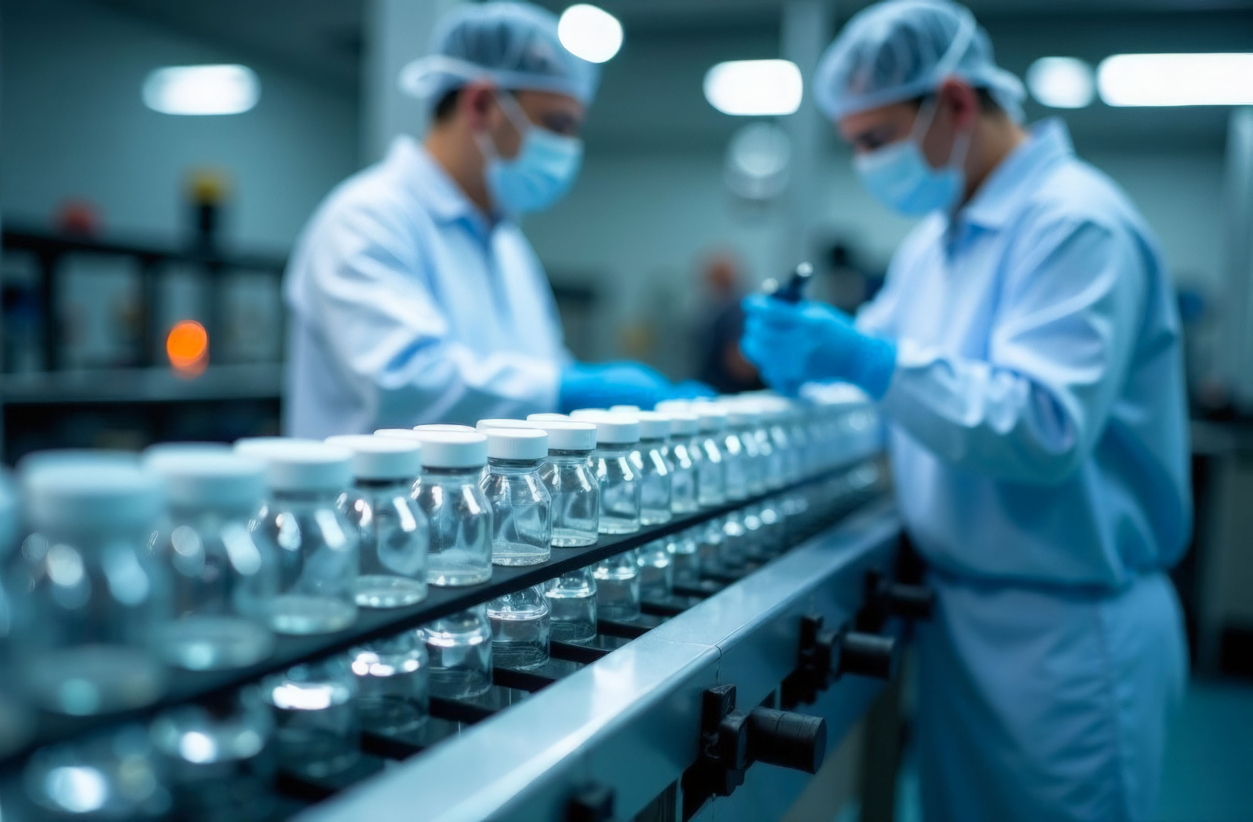 Pracownicy produkcji w zakładzie wytwórstwa chemii i kosmetyków